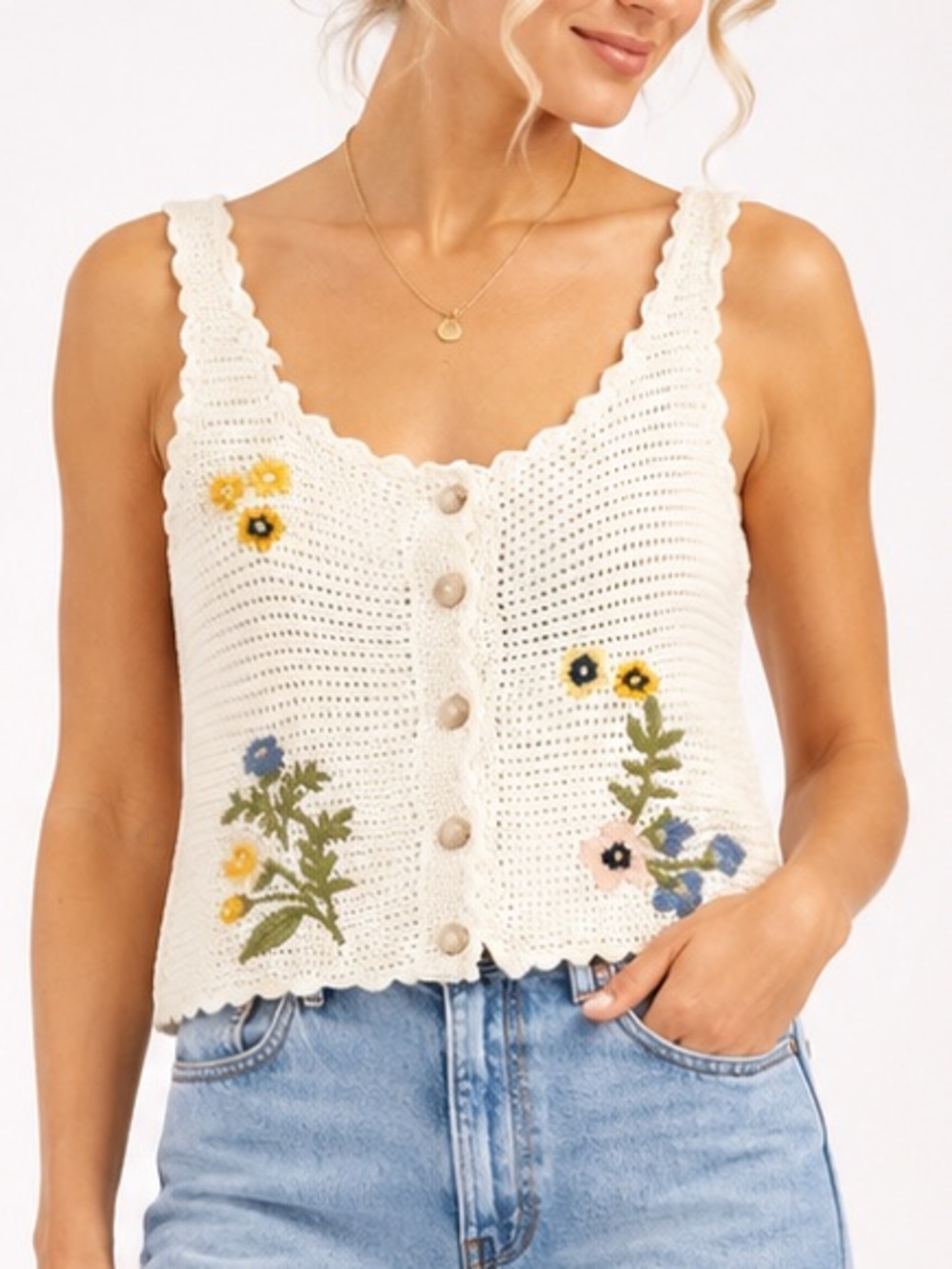 NWT Jacquie The Label Linda Floral Embroidered Cottagecore Crochet Knit Tank M
